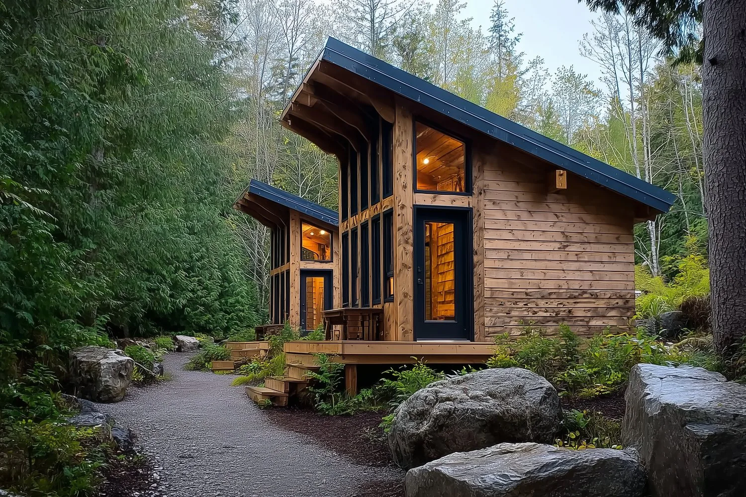 concept render of a prefab wooden cabin at dusk