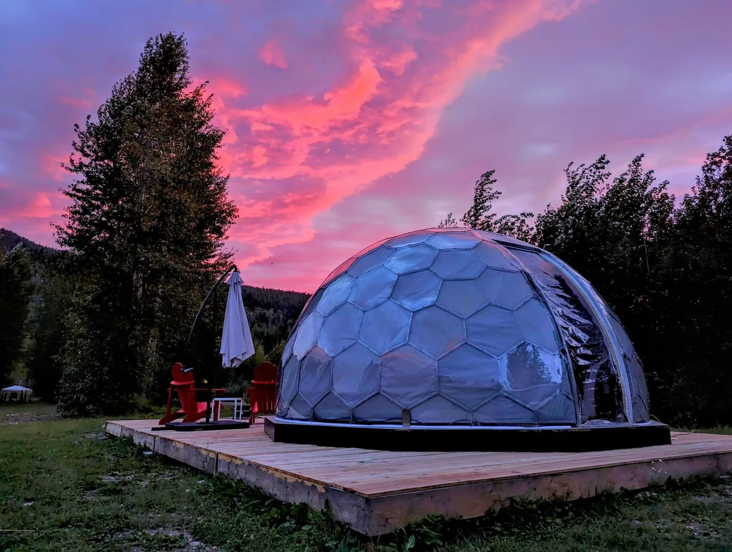 glamping dome at night